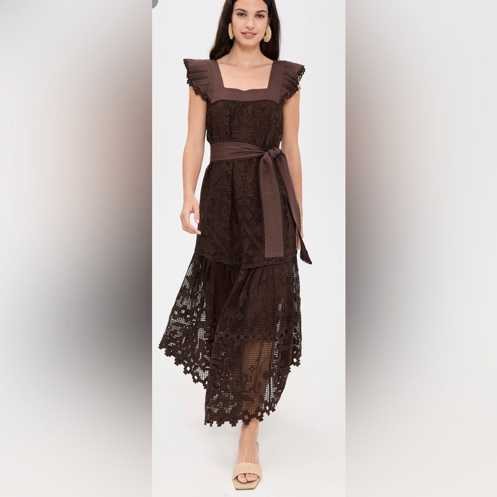 NWT FARM Rio Pineapple Guipure Brown Midi Dress Size Small $348